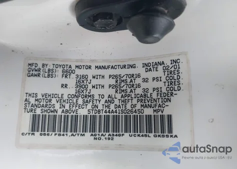 2001 Toyota Sequoia Sr5 V8 z USA, uszkodzony, nr VIN 5TDBT44A41S026450